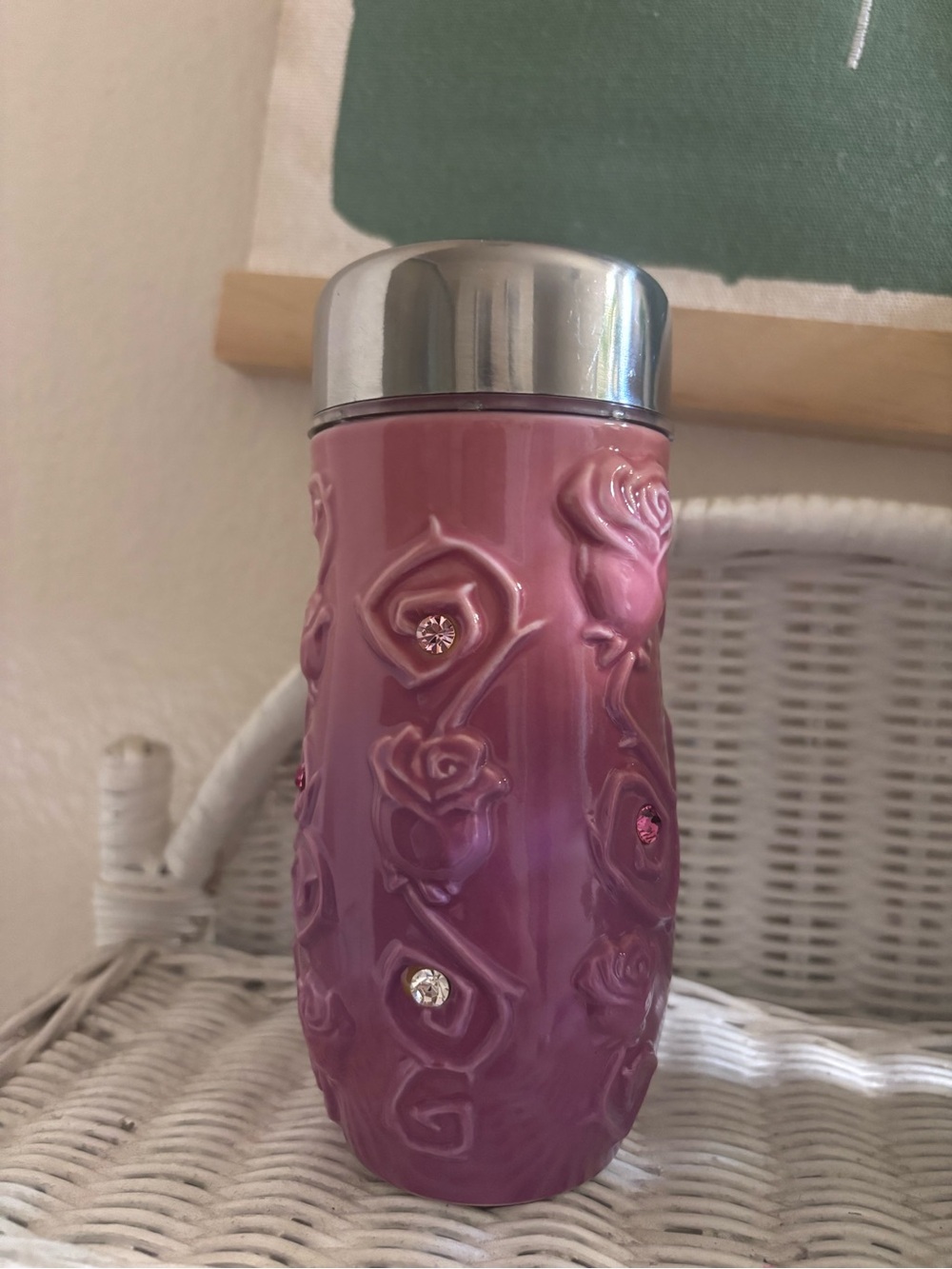 Disney parks Beauty and the Beast Pink Floral Decorative tumblr with Silver Lid